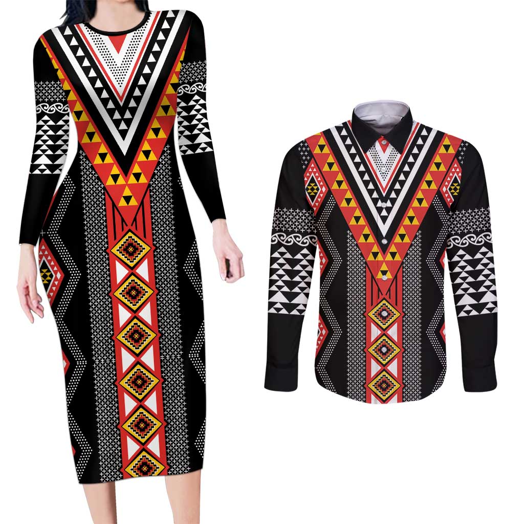Niho Taniwha Taniko Motif Couples Matching Long Sleeve Bodycon Dress and Long Sleeve Button Shirt