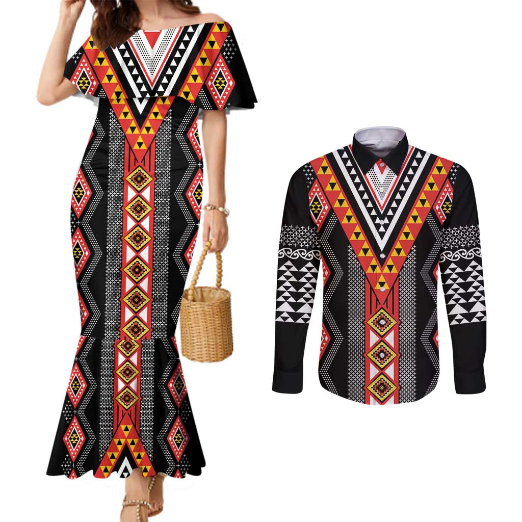 Niho Taniwha Taniko Motif Couples Matching Mermaid Dress and Long Sleeve Button Shirt