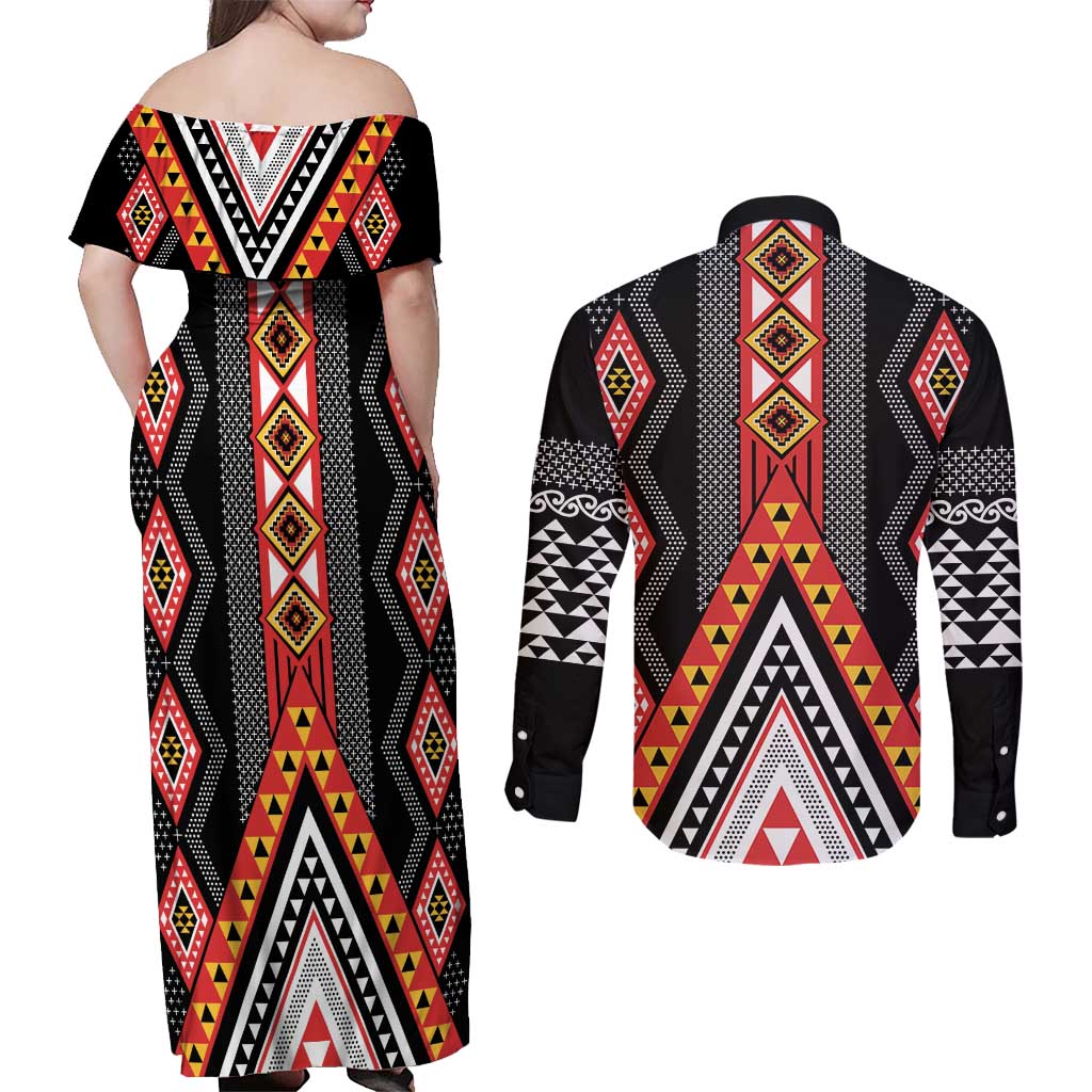 Niho Taniwha Taniko Motif Couples Matching Off Shoulder Maxi Dress and Long Sleeve Button Shirt