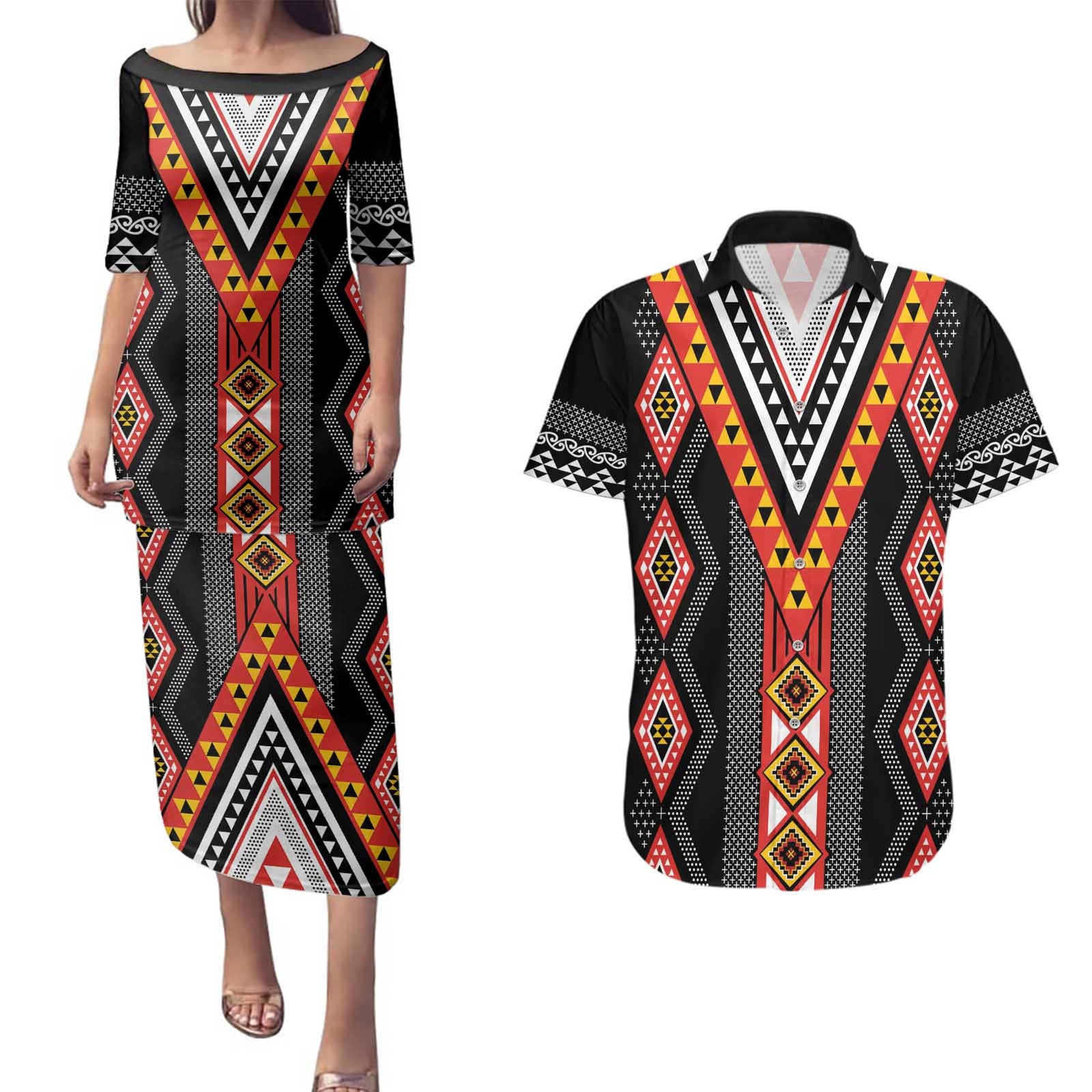 Niho Taniwha Taniko Motif Couples Matching Puletasi and Hawaiian Shirt