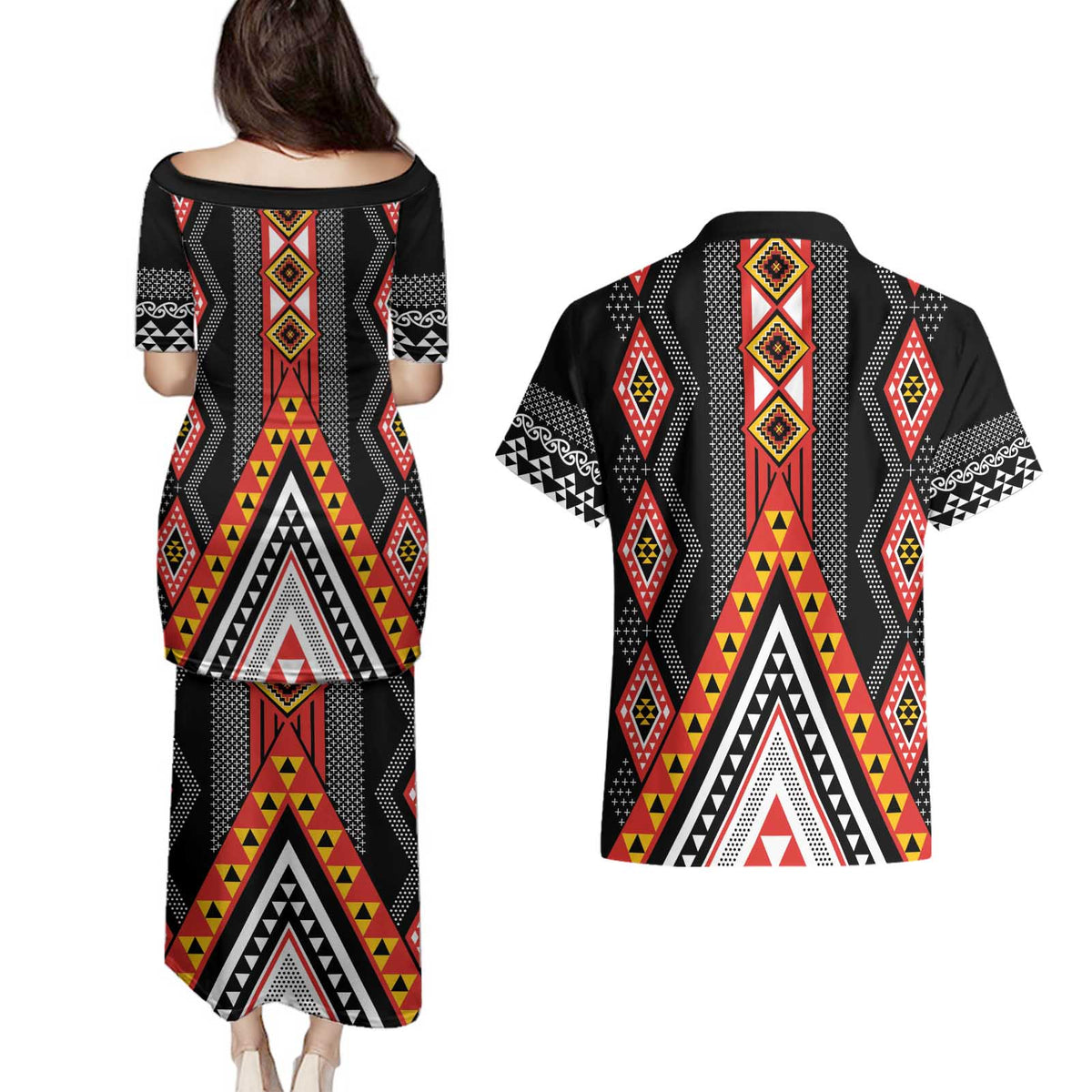 Niho Taniwha Taniko Motif Couples Matching Puletasi and Hawaiian Shirt
