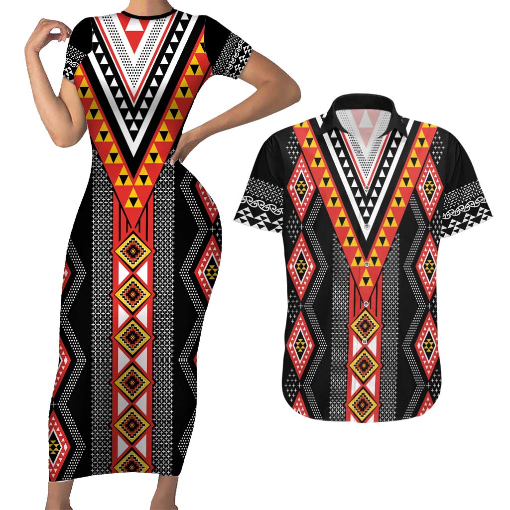 Niho Taniwha Taniko Motif Couples Matching Short Sleeve Bodycon Dress and Hawaiian Shirt