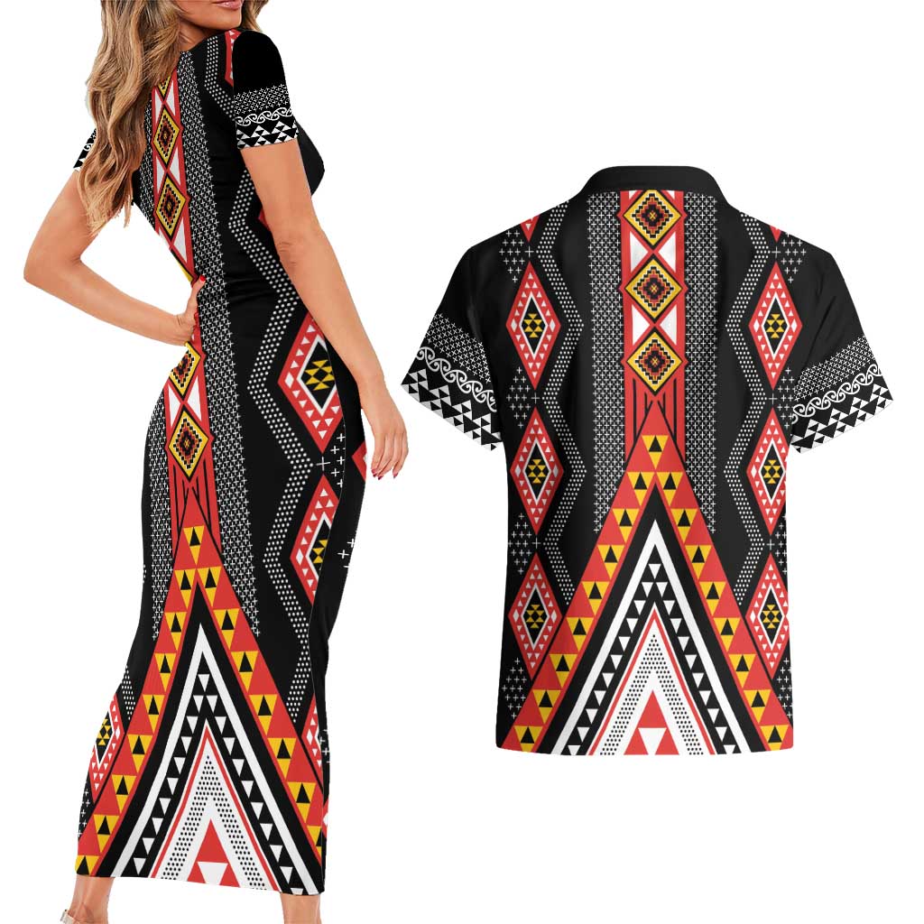 Niho Taniwha Taniko Motif Couples Matching Short Sleeve Bodycon Dress and Hawaiian Shirt