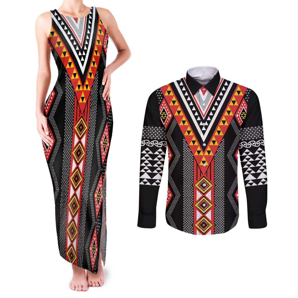 Niho Taniwha Taniko Motif Couples Matching Tank Maxi Dress and Long Sleeve Button Shirt