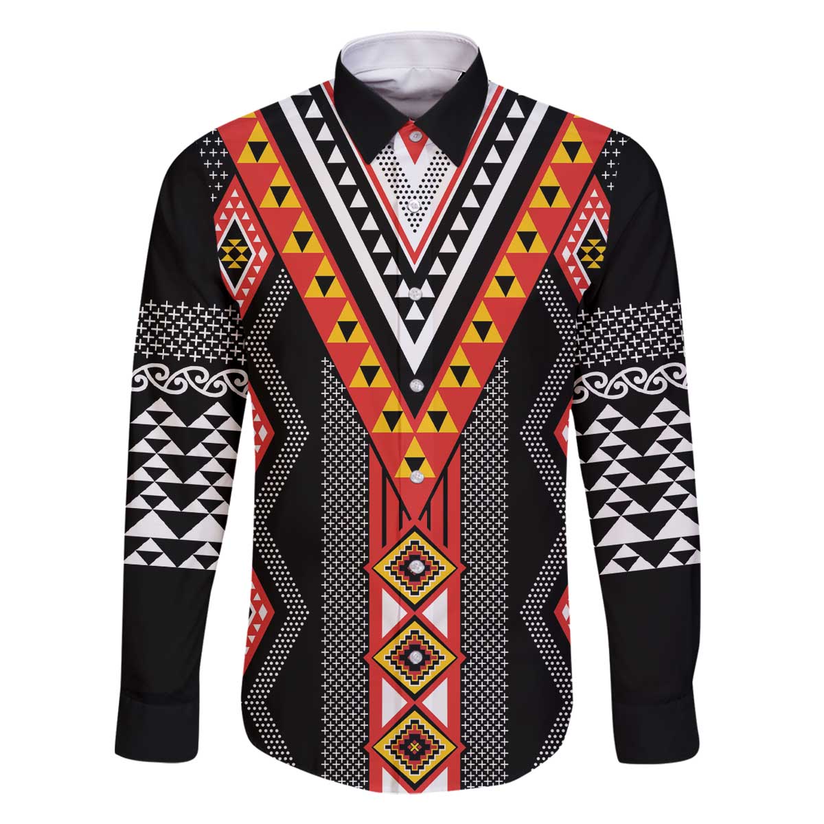 Niho Taniwha Taniko Motif Family Matching Off The Shoulder Long Sleeve Dress and Hawaiian Shirt