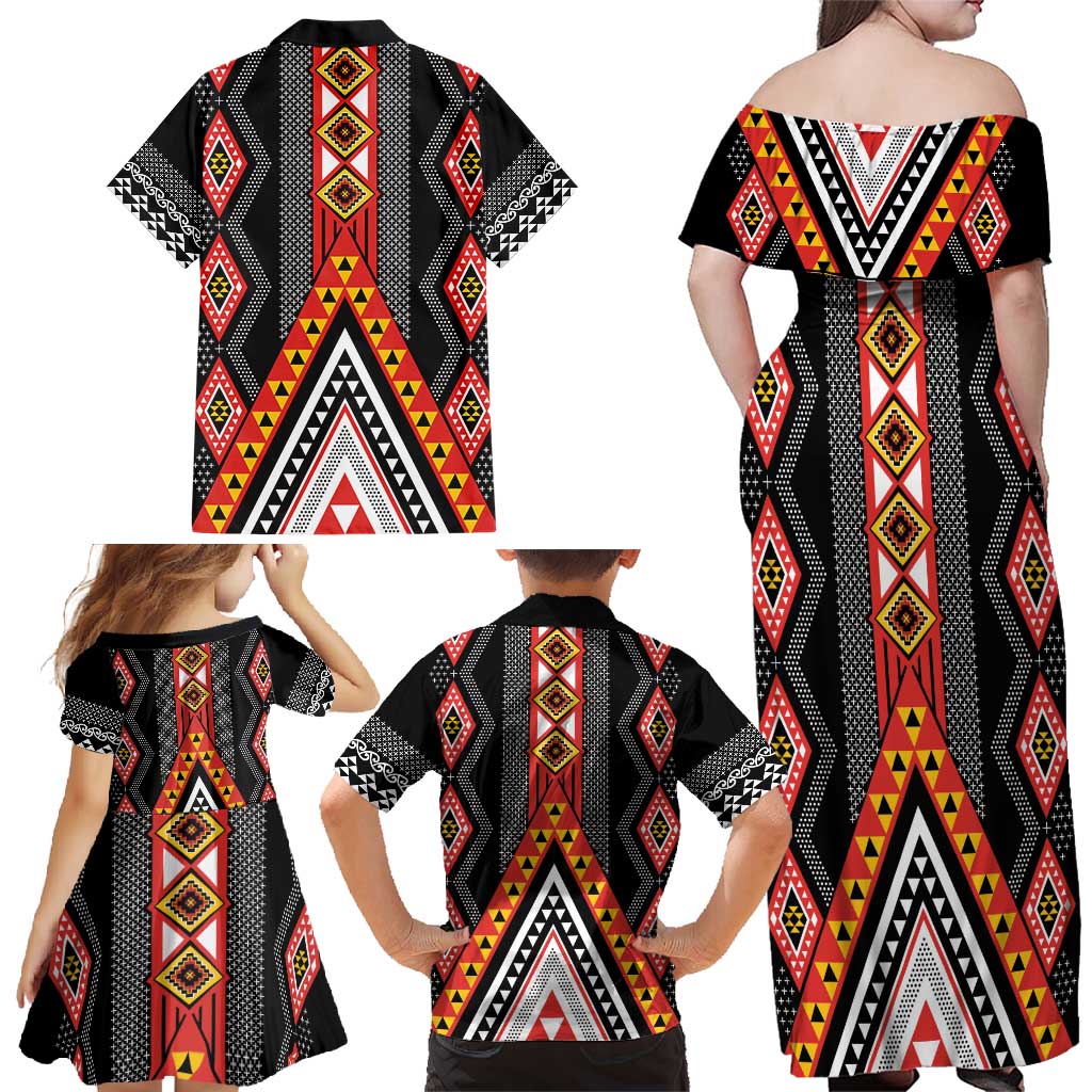 Niho Taniwha Taniko Motif Family Matching Off Shoulder Maxi Dress and Hawaiian Shirt