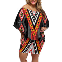 Niho Taniwha Taniko Motif Family Matching Off Shoulder Short Dress and Hawaiian Shirt
