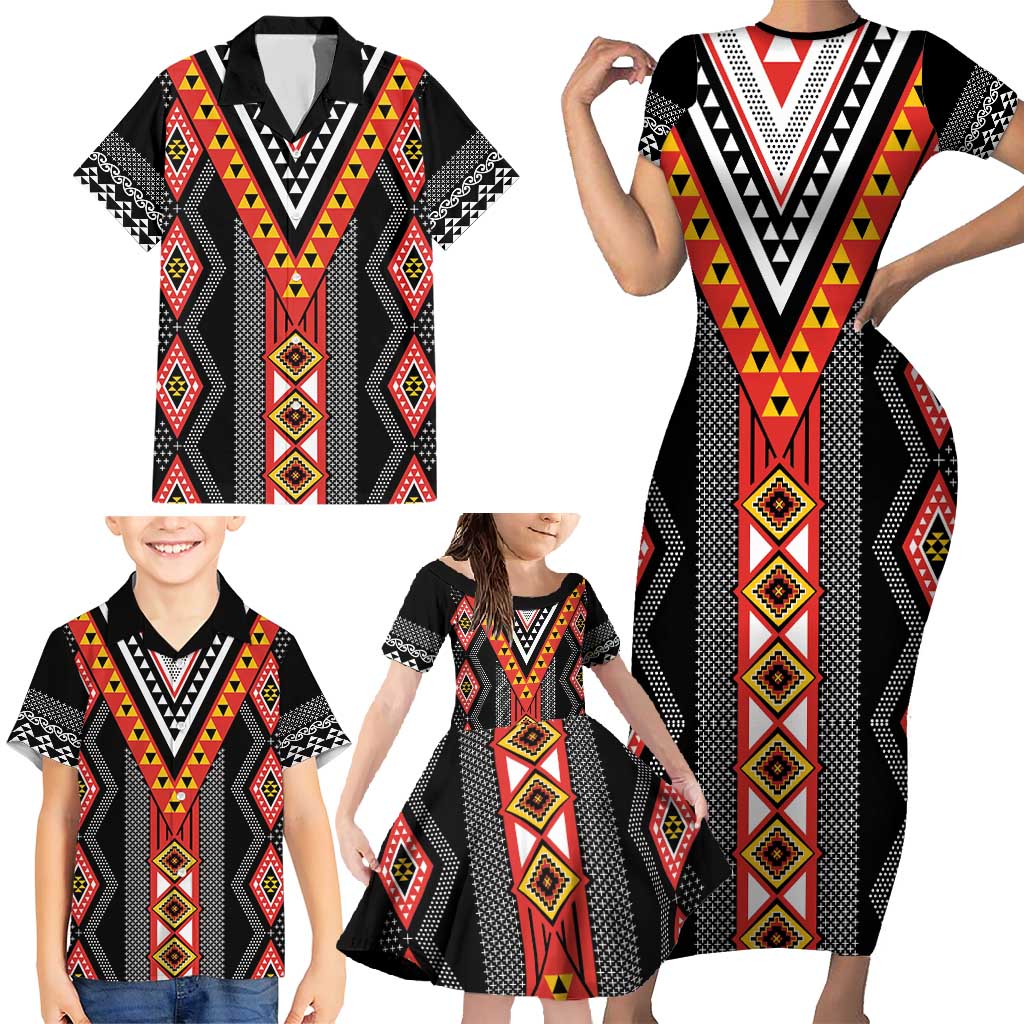 Niho Taniwha Taniko Motif Family Matching Short Sleeve Bodycon Dress and Hawaiian Shirt
