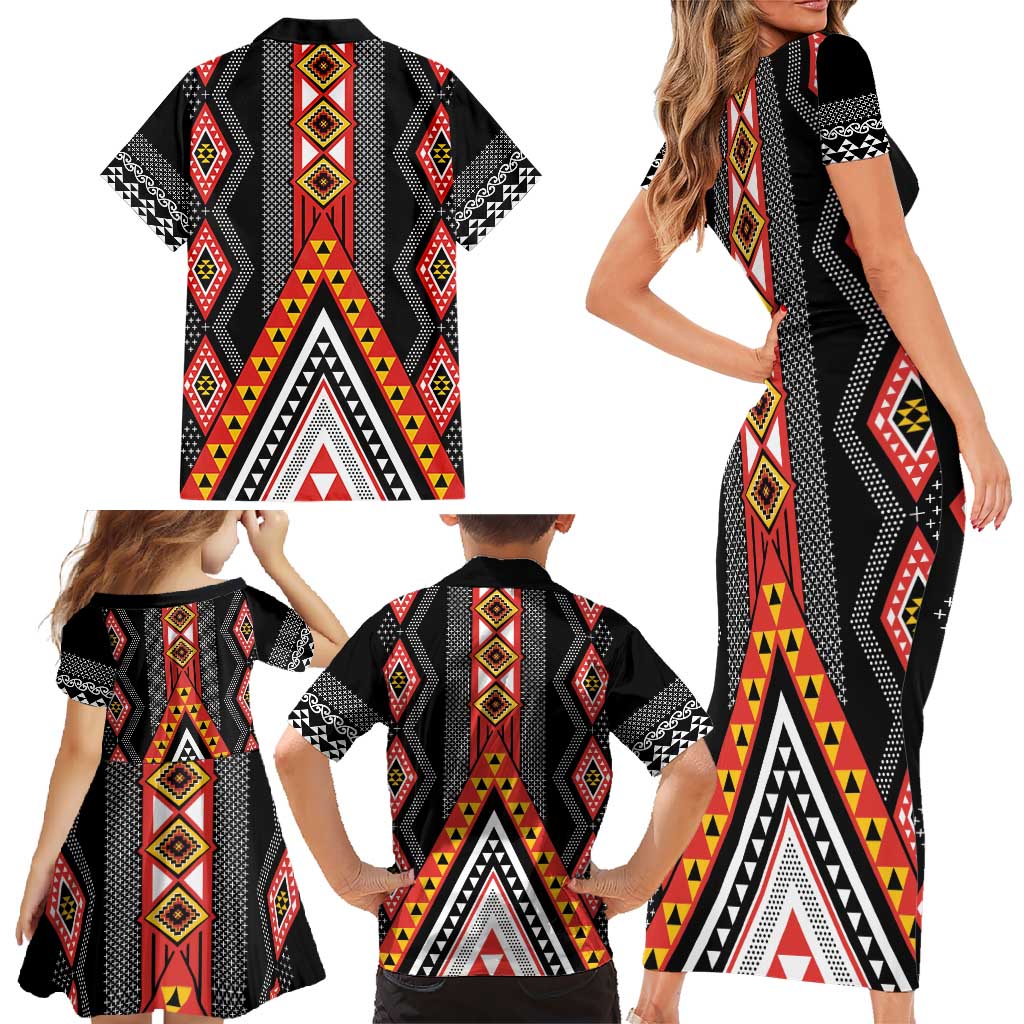 Niho Taniwha Taniko Motif Family Matching Short Sleeve Bodycon Dress and Hawaiian Shirt