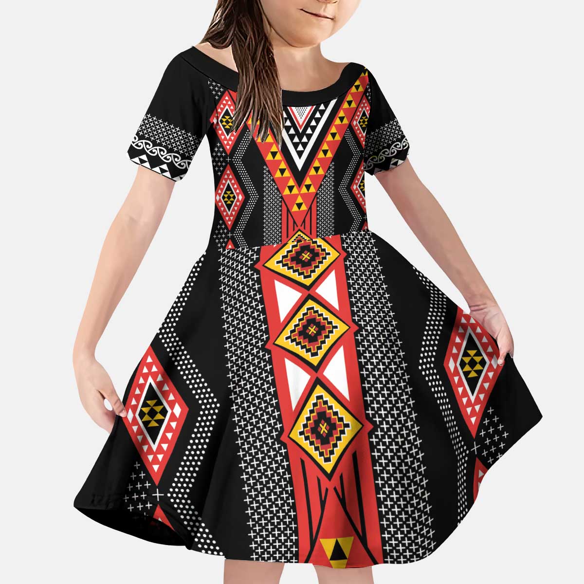 Niho Taniwha Taniko Motif Kid Short Sleeve Dress LT9 KID Red - Polynesian Pride