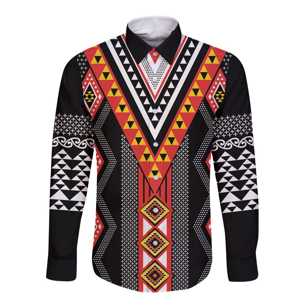 Niho Taniwha Taniko Motif Long Sleeve Button Shirt LT9 Unisex Red - Polynesian Pride