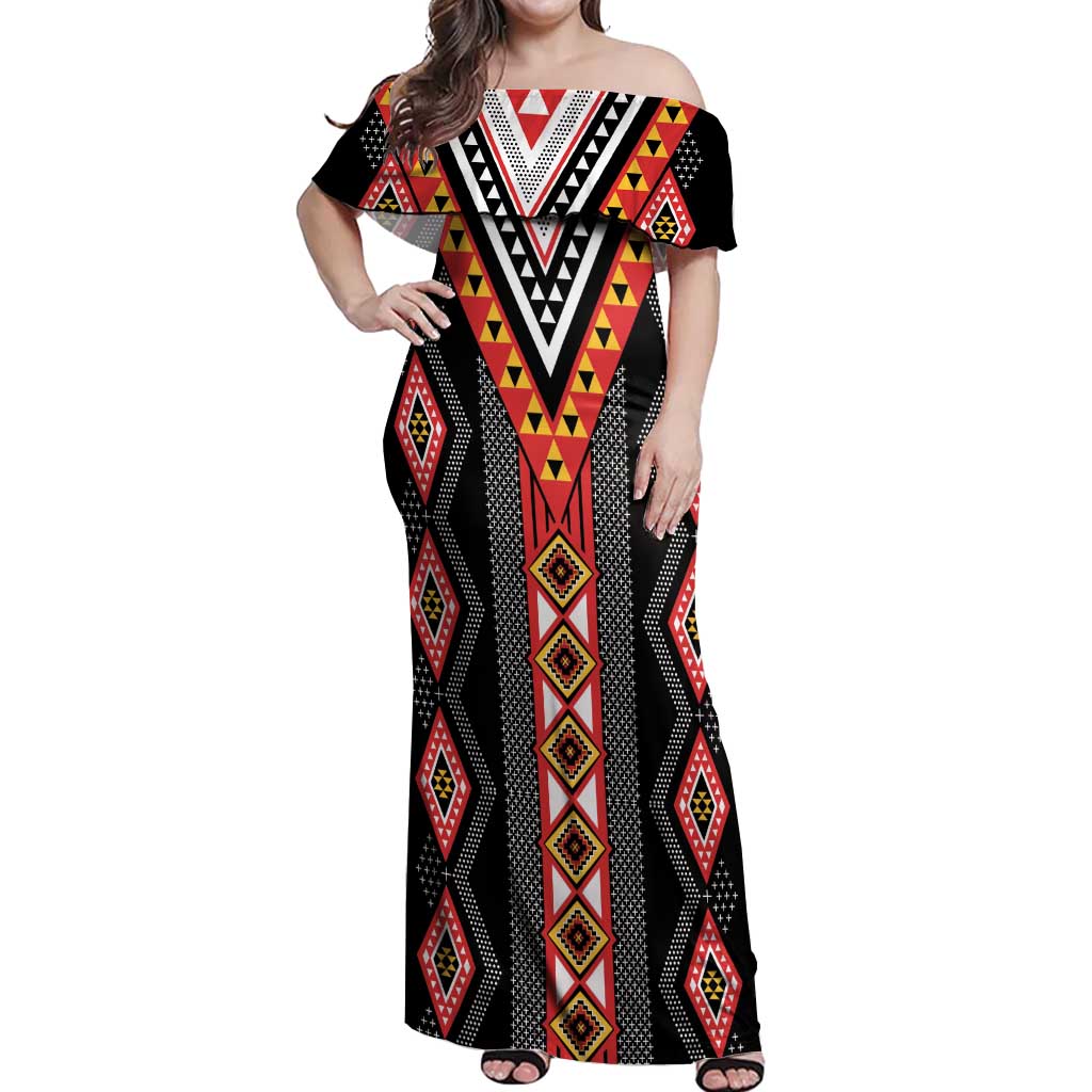 Niho Taniwha Taniko Motif Off Shoulder Maxi Dress LT9 Women Red - Polynesian Pride