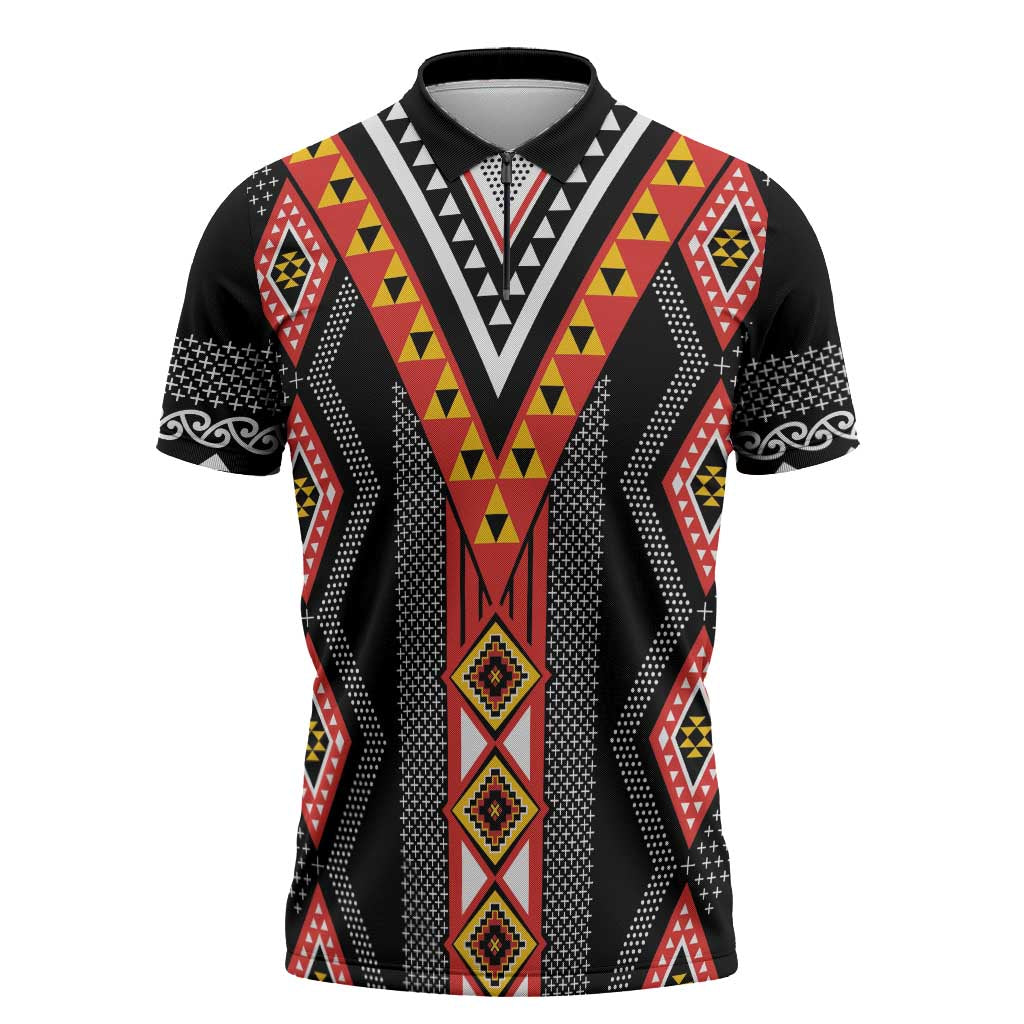 Niho Taniwha Taniko Motif Zipper Polo Shirt LT9 Red - Polynesian Pride