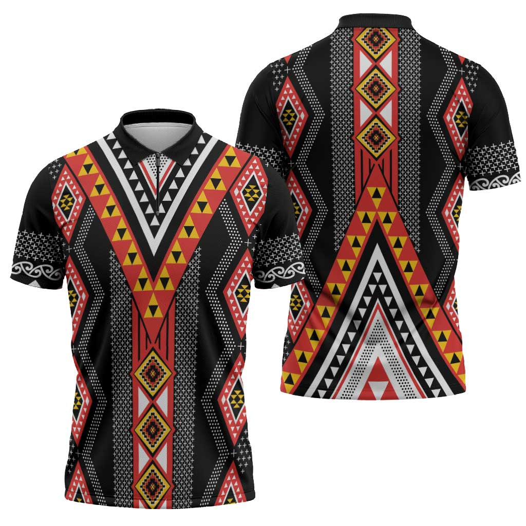 Niho Taniwha Taniko Motif Zipper Polo Shirt LT9 - Polynesian Pride