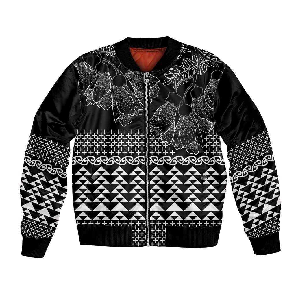 Black Taniko Kowhaiwhai Tukutuku Motif Bomber Jacket
