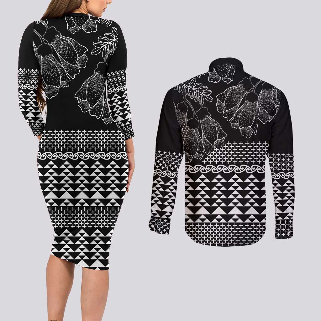 Black Taniko Kowhaiwhai Tukutuku Motif Couples Matching Long Sleeve Bodycon Dress and Long Sleeve Button Shirt