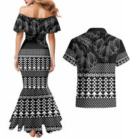 Black Taniko Kowhaiwhai Tukutuku Motif Couples Matching Mermaid Dress and Hawaiian Shirt