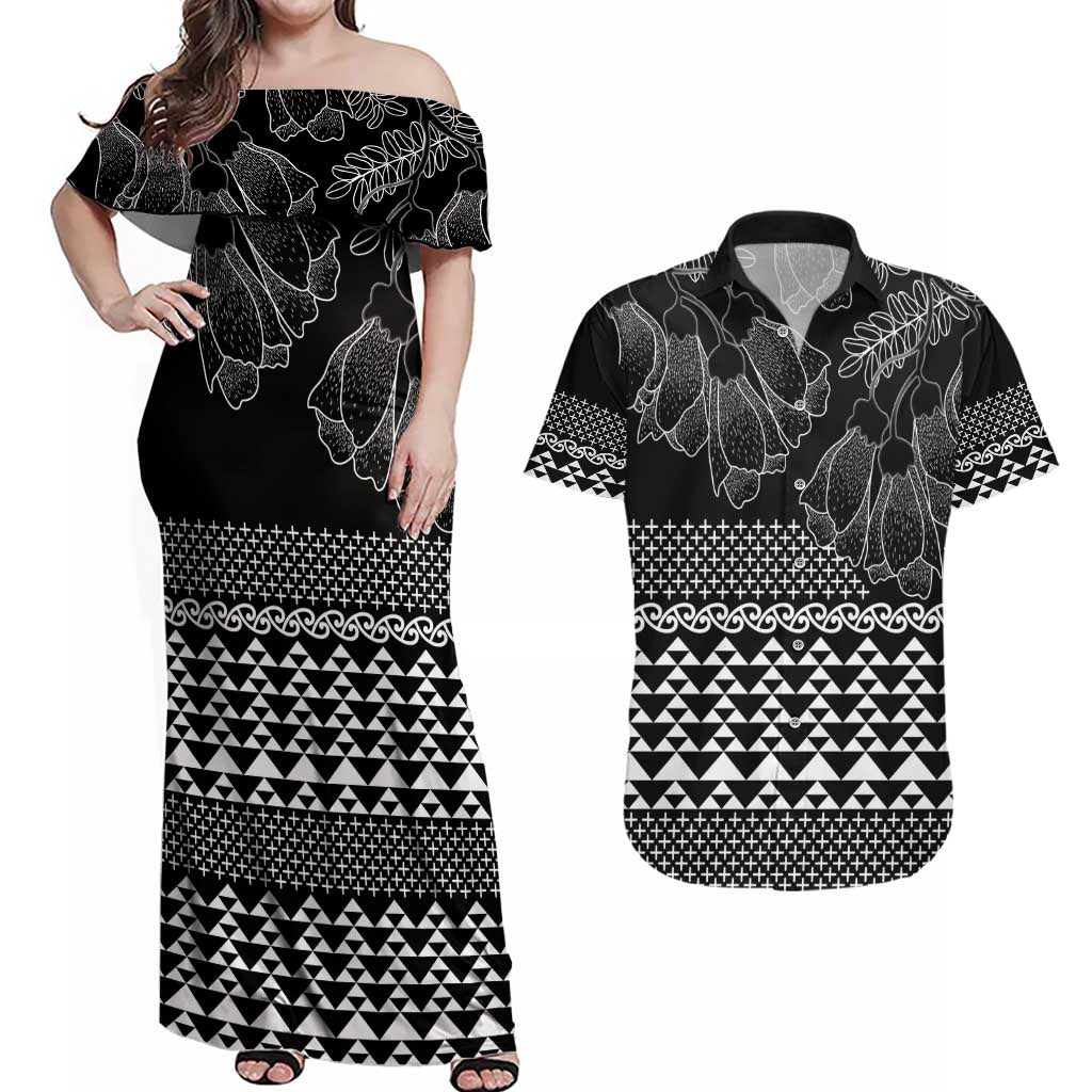 Black Taniko Kowhaiwhai Tukutuku Motif Couples Matching Off Shoulder Maxi Dress and Hawaiian Shirt