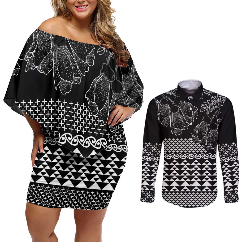 Black Taniko Kowhaiwhai Tukutuku Motif Couples Matching Off Shoulder Short Dress and Long Sleeve Button Shirt