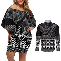 Black Taniko Kowhaiwhai Tukutuku Motif Couples Matching Off Shoulder Short Dress and Long Sleeve Button Shirt