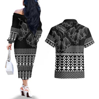 Black Taniko Kowhaiwhai Tukutuku Motif Couples Matching Off The Shoulder Long Sleeve Dress and Hawaiian Shirt
