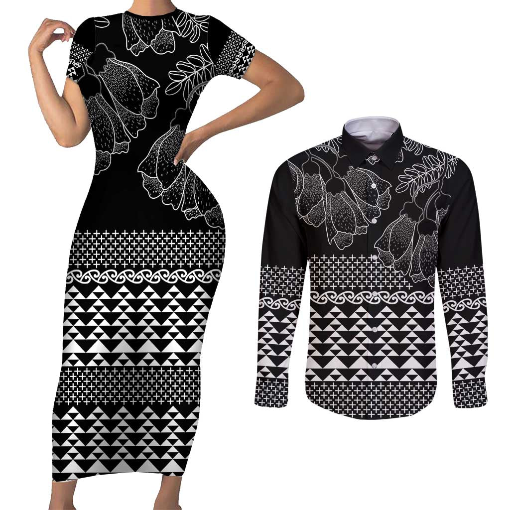 Black Taniko Kowhaiwhai Tukutuku Motif Couples Matching Short Sleeve Bodycon Dress and Long Sleeve Button Shirt