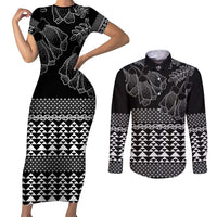 Black Taniko Kowhaiwhai Tukutuku Motif Couples Matching Short Sleeve Bodycon Dress and Long Sleeve Button Shirt