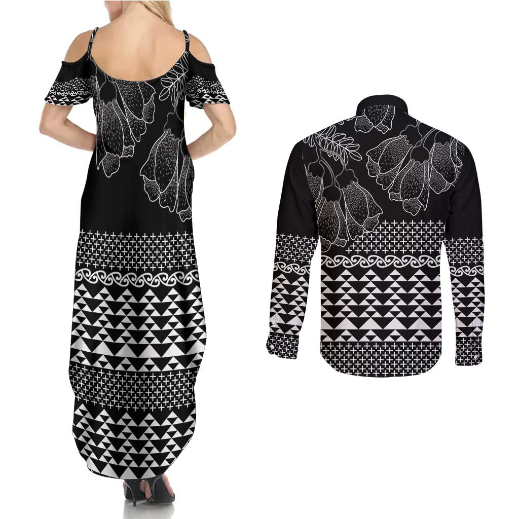 Black Taniko Kowhaiwhai Tukutuku Motif Couples Matching Summer Maxi Dress and Long Sleeve Button Shirt