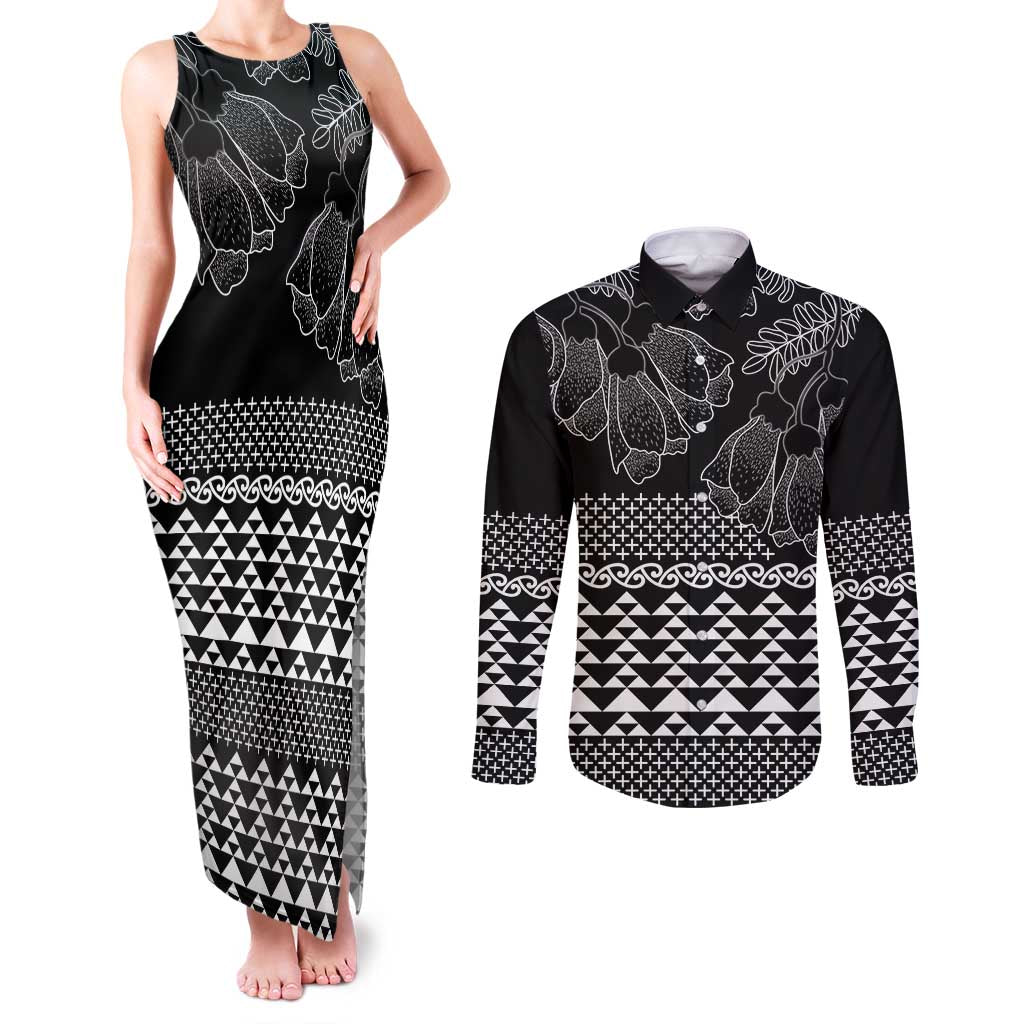 Black Taniko Kowhaiwhai Tukutuku Motif Couples Matching Tank Maxi Dress and Long Sleeve Button Shirt