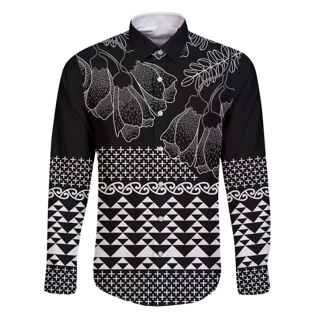 Black Taniko Kowhaiwhai Tukutuku Motif Family Matching Long Sleeve Bodycon Dress and Hawaiian Shirt