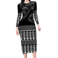 Black Taniko Kowhaiwhai Tukutuku Motif Family Matching Long Sleeve Bodycon Dress and Hawaiian Shirt