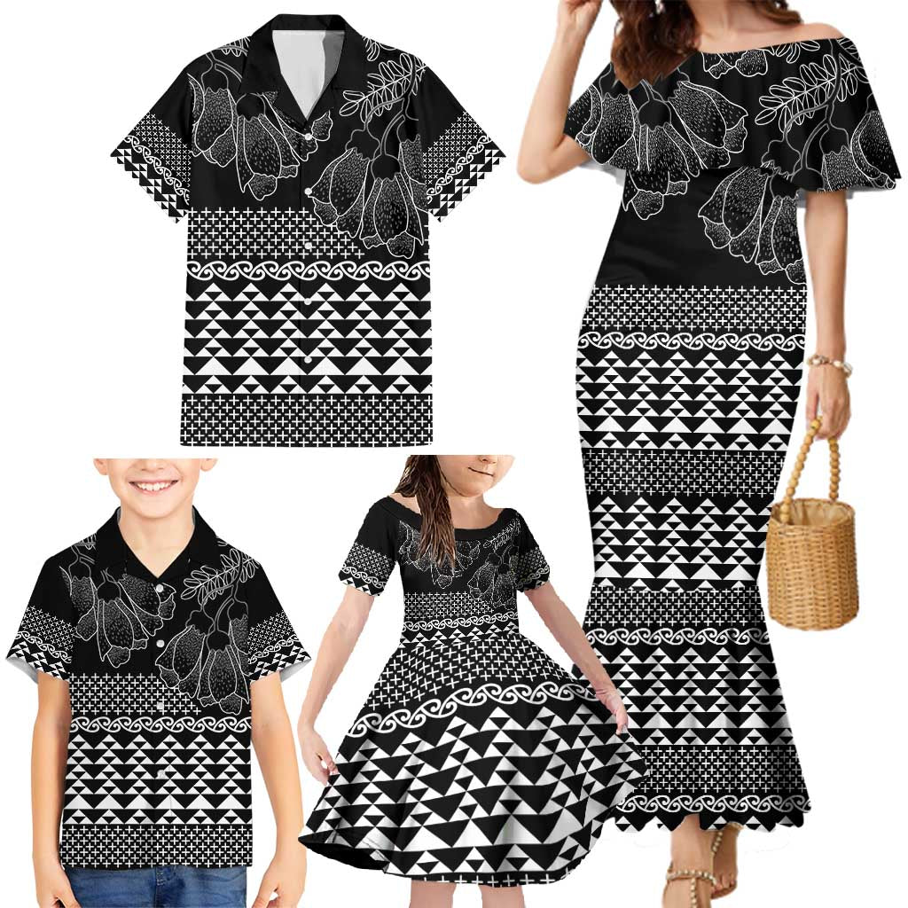 Black Taniko Kowhaiwhai Tukutuku Motif Family Matching Mermaid Dress and Hawaiian Shirt