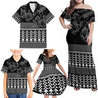 Black Taniko Kowhaiwhai Tukutuku Motif Family Matching Off Shoulder Maxi Dress and Hawaiian Shirt