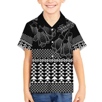 Black Taniko Kowhaiwhai Tukutuku Motif Family Matching Off Shoulder Short Dress and Hawaiian Shirt