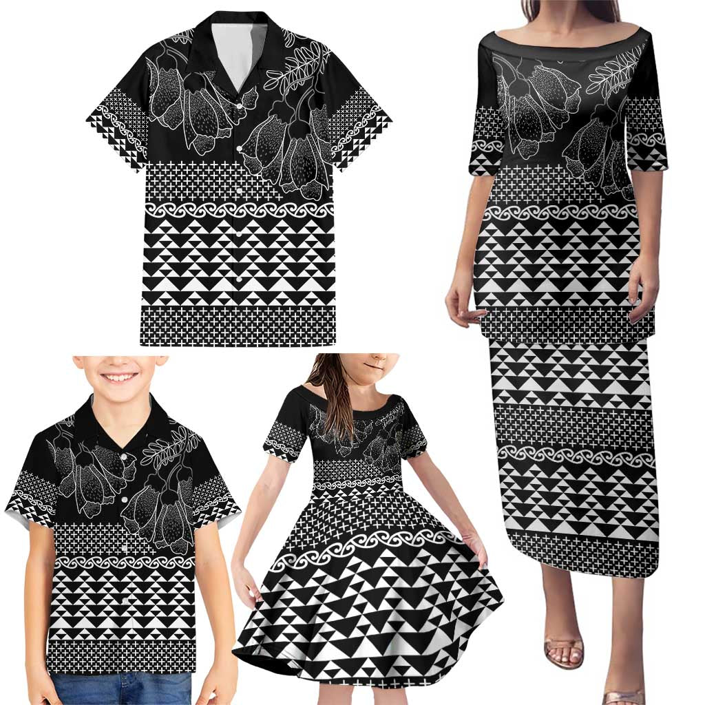 Black Taniko Kowhaiwhai Tukutuku Motif Family Matching Puletasi and Hawaiian Shirt
