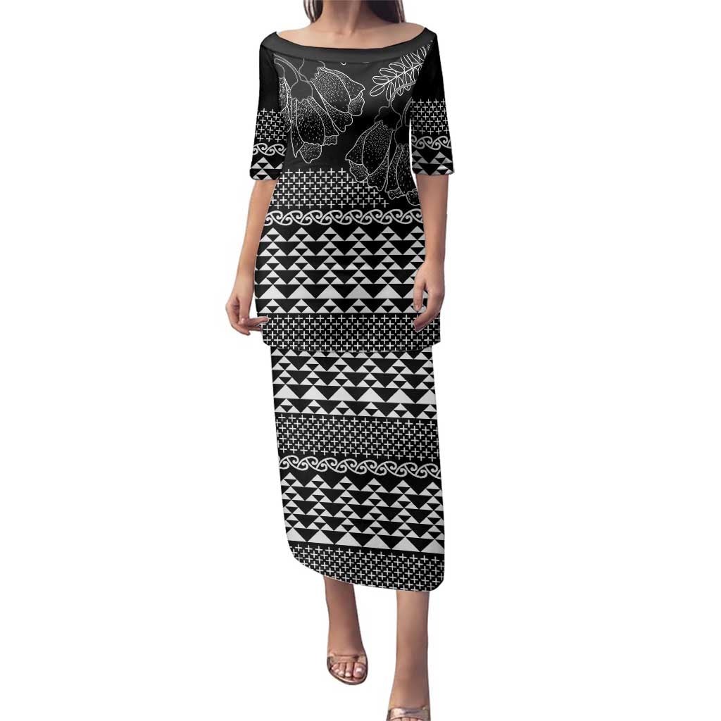Black Taniko Kowhaiwhai Tukutuku Motif Family Matching Puletasi and Hawaiian Shirt