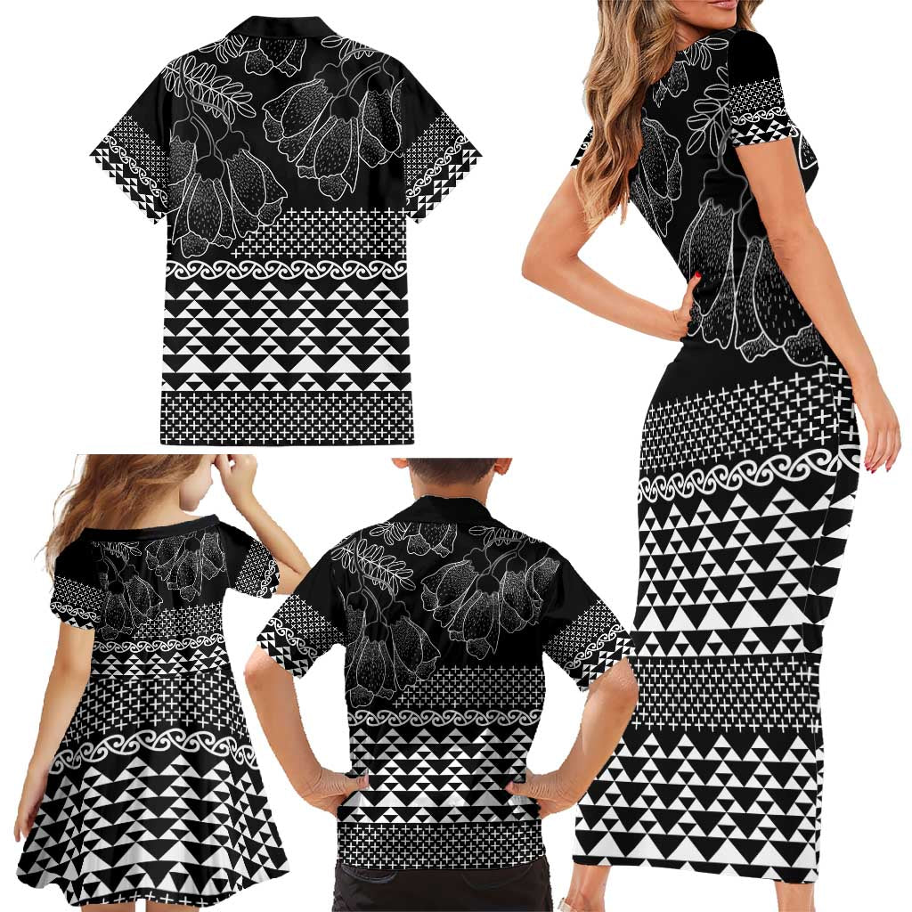 Black Taniko Kowhaiwhai Tukutuku Motif Family Matching Short Sleeve Bodycon Dress and Hawaiian Shirt