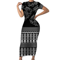 Black Taniko Kowhaiwhai Tukutuku Motif Family Matching Short Sleeve Bodycon Dress and Hawaiian Shirt