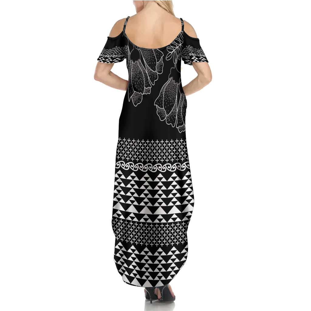 Black Taniko Kowhaiwhai Tukutuku Motif Family Matching Summer Maxi Dress and Hawaiian Shirt