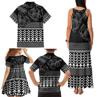 Black Taniko Kowhaiwhai Tukutuku Motif Family Matching Tank Maxi Dress and Hawaiian Shirt