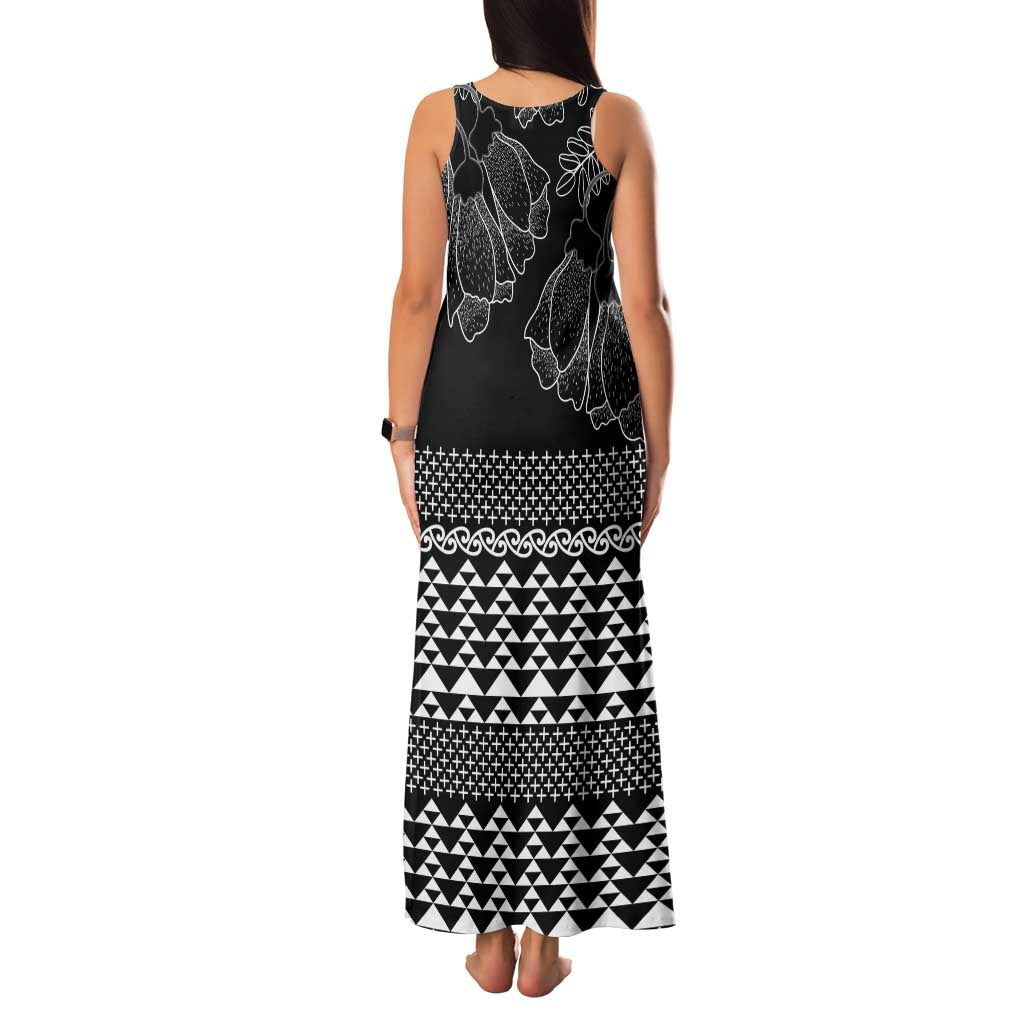 Black Taniko Kowhaiwhai Tukutuku Motif Family Matching Tank Maxi Dress and Hawaiian Shirt