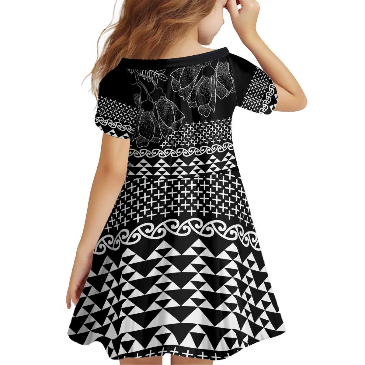 Black Taniko Kowhaiwhai Tukutuku Motif Kid Short Sleeve Dress