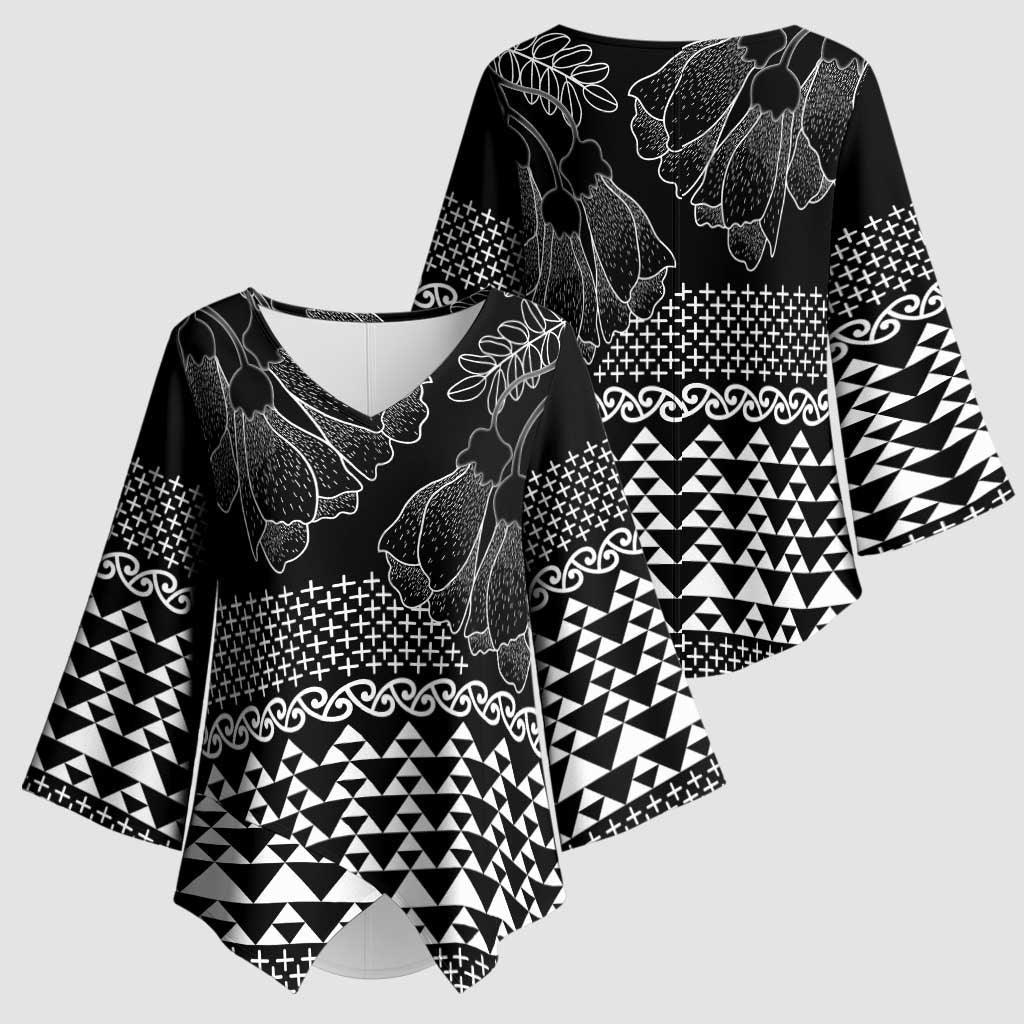 Black Taniko Kowhaiwhai Tukutuku Motif Kimono Sleeve Blouse - Polynesian Pride