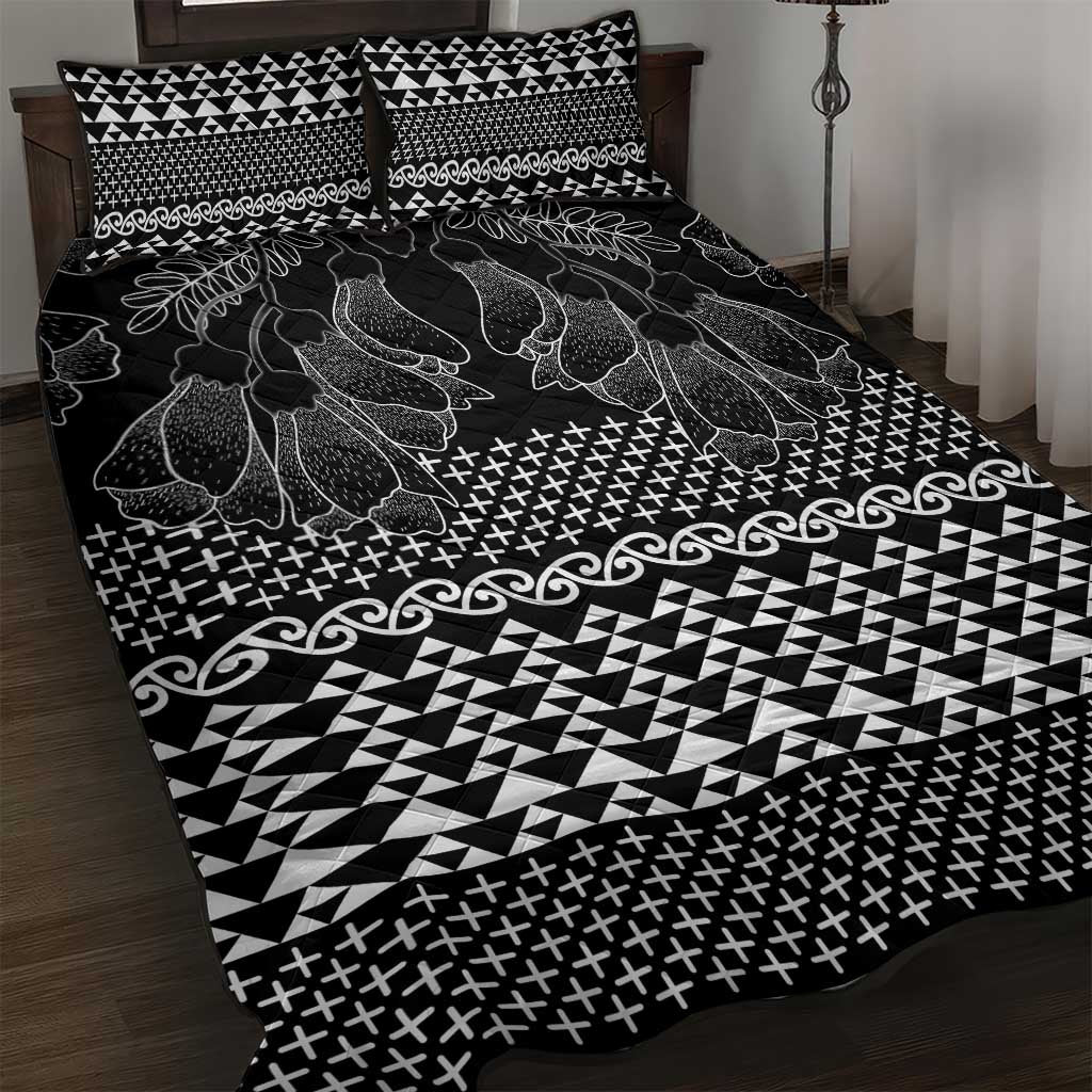 Black Taniko Kowhaiwhai Tukutuku Motif Quilt Bed Set