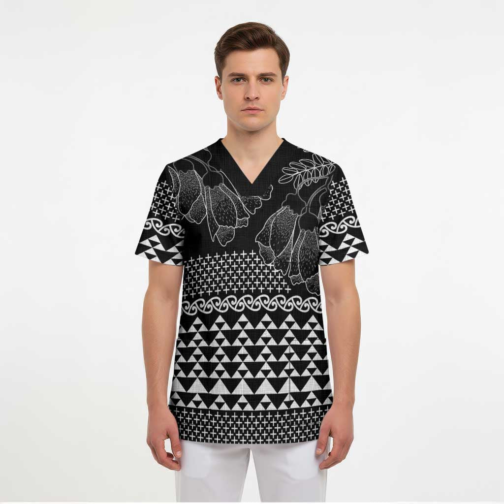 Black Taniko Kowhaiwhai Tukutuku Motif Scrub Top - Polynesian Pride