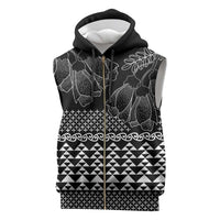 Black Taniko Kowhaiwhai Tukutuku Motif Sleeveless Zip Hoodie - Polynesian Pride
