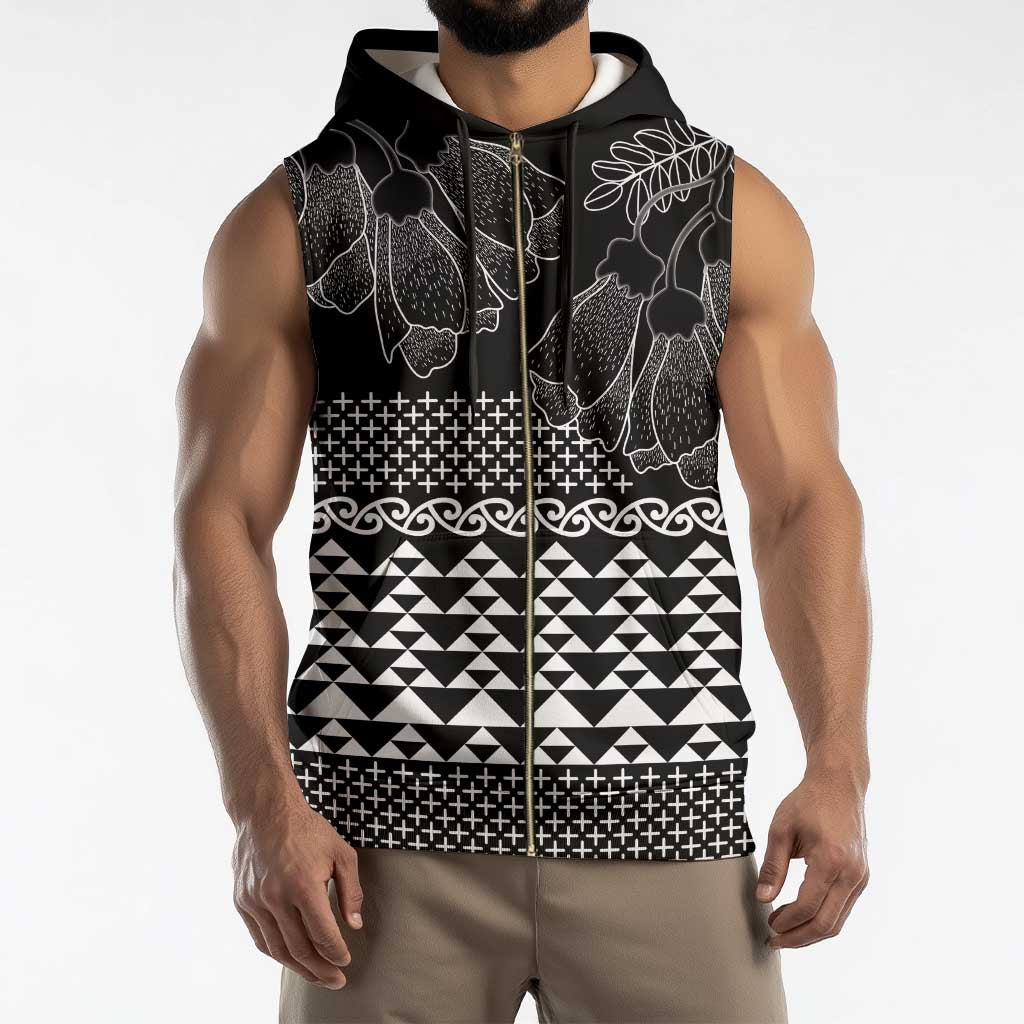 Black Taniko Kowhaiwhai Tukutuku Motif Sleeveless Zip Hoodie - Polynesian Pride