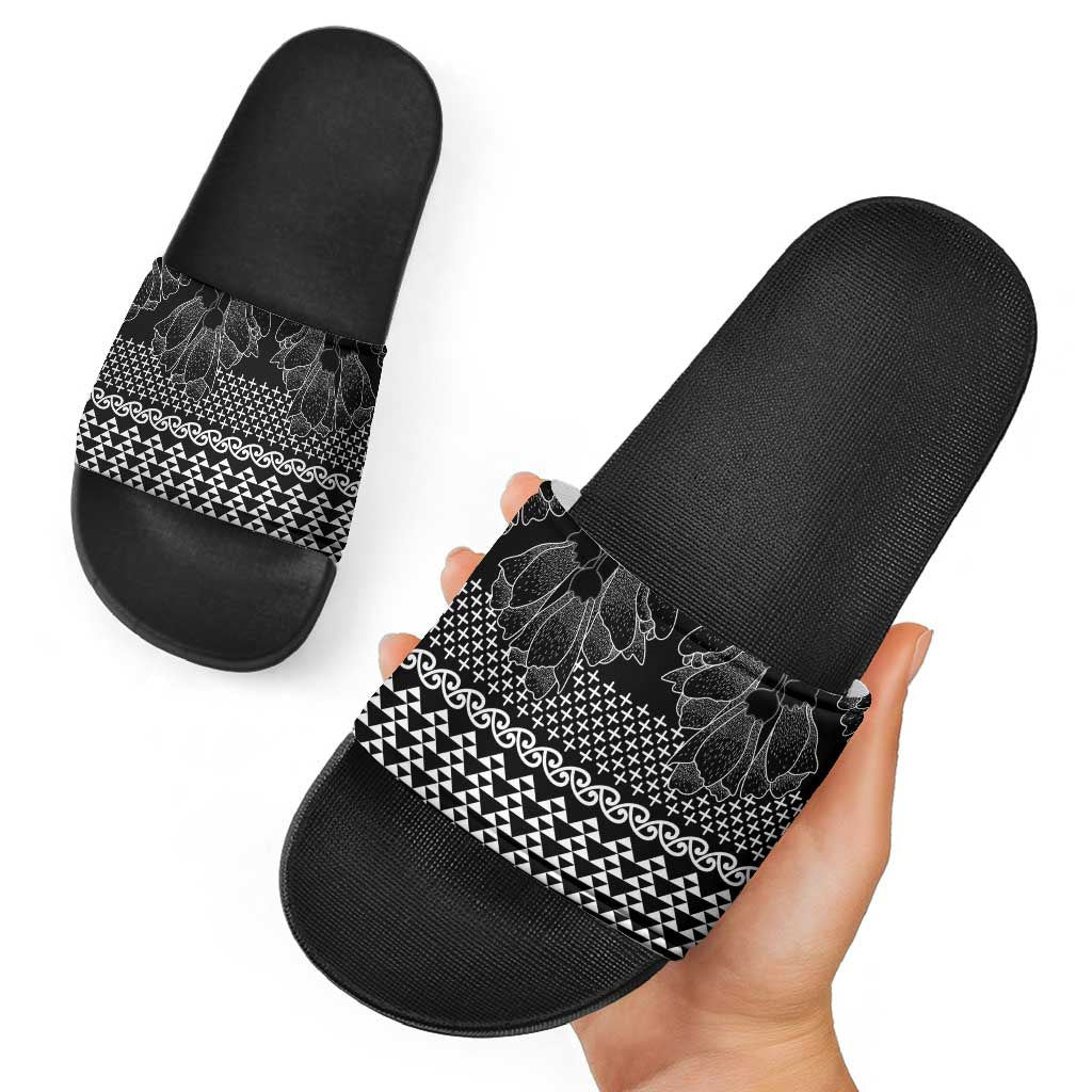 Black Taniko Kowhaiwhai Tukutuku Motif Slide Sandals - Polynesian Pride