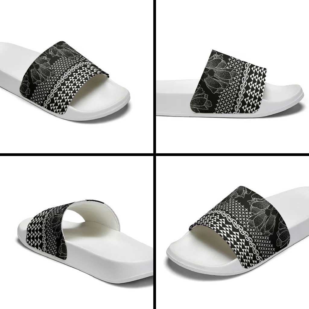 Black Taniko Kowhaiwhai Tukutuku Motif Slide Sandals - Polynesian Pride
