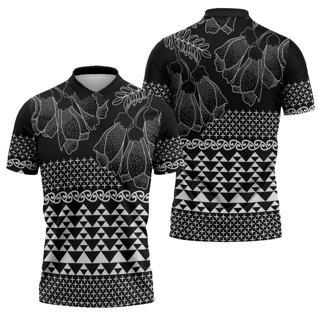 Black Taniko Kowhaiwhai Tukutuku Motif Zipper Polo Shirt LT9 - Polynesian Pride